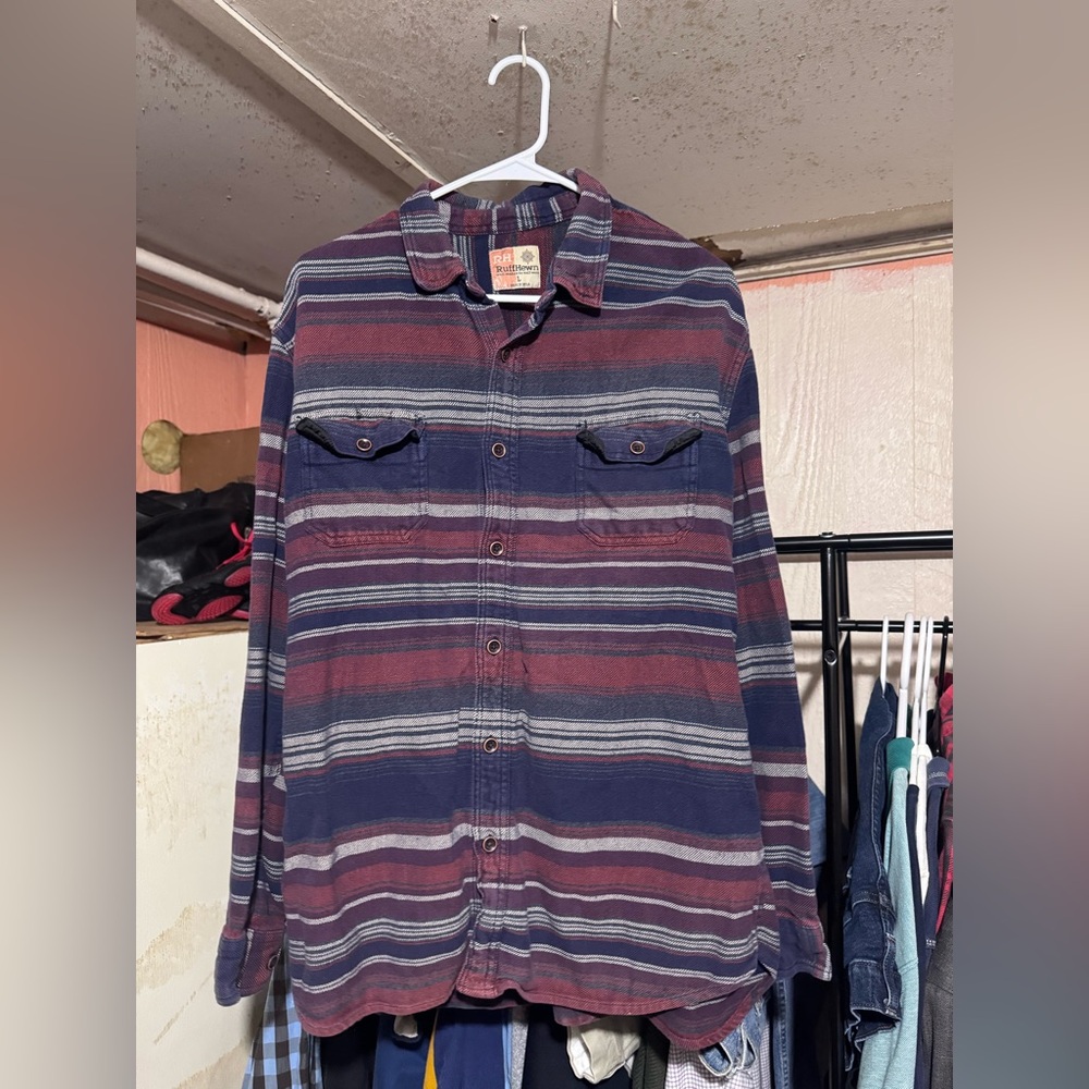 Ruff Hewn Flannel Shirt Mens Large Striped Red Blue Button Up Workwear Casual